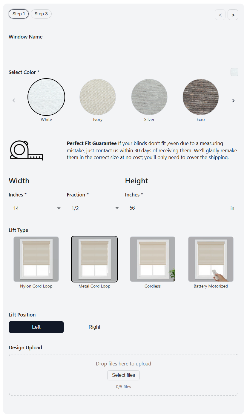 Window treatment customization tool with color selection, dimensions, and lift type options.