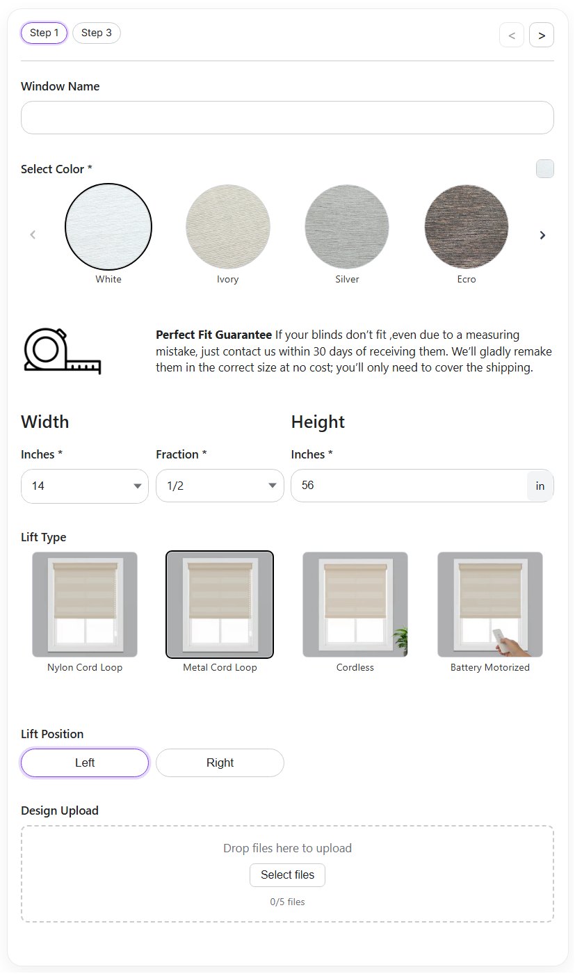Window treatment customization page with color selection, dimensions, and lift type options.