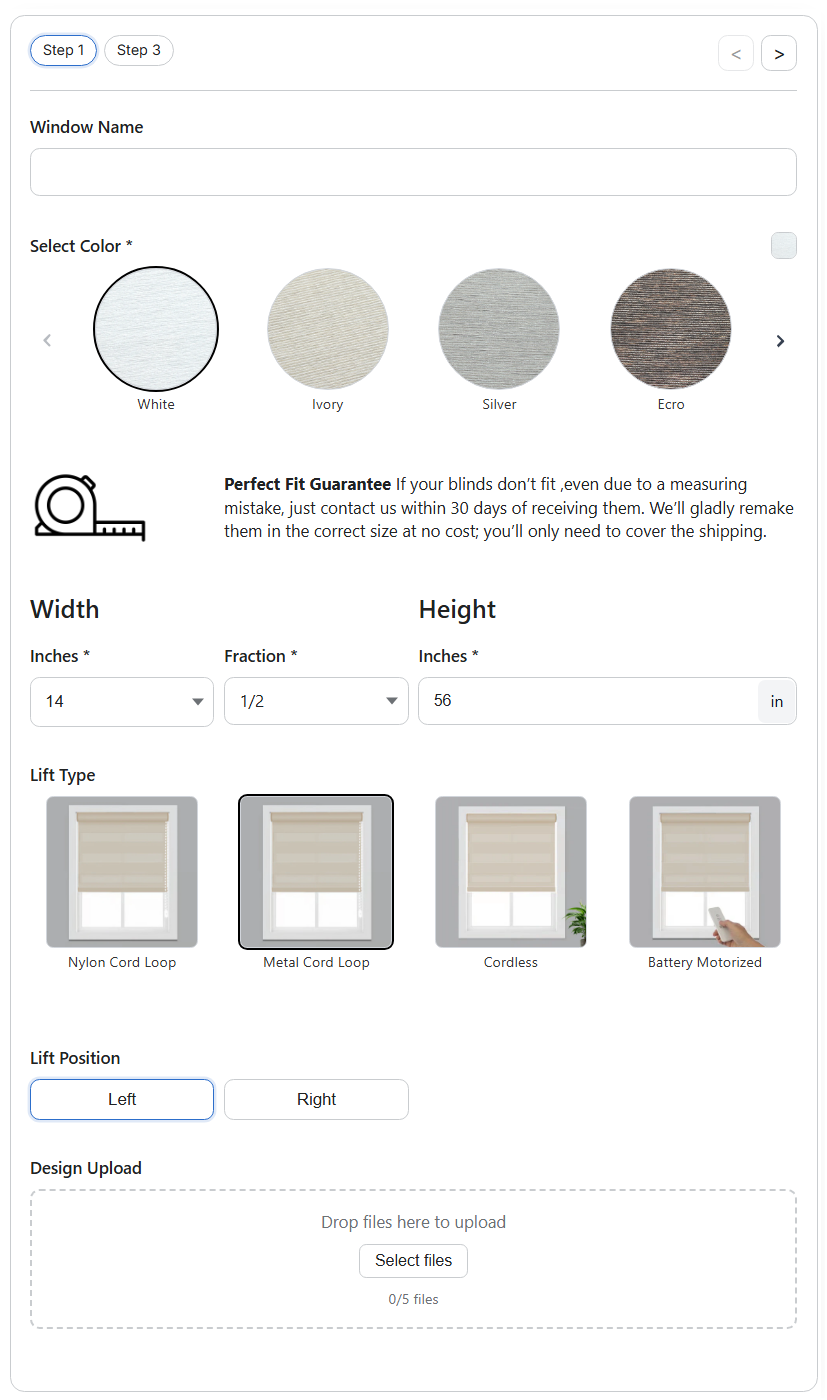 Blind customization tool with color selection, dimensions input, and lift type options on a white background.