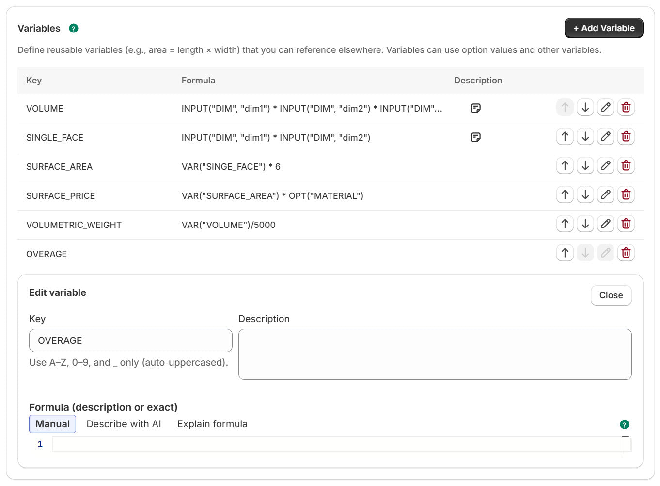 Software interface for defining reusable variables with formulas and descriptions.