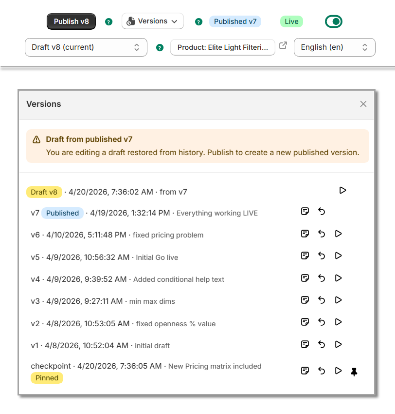 Version control interface with draft restoration message and version history list.